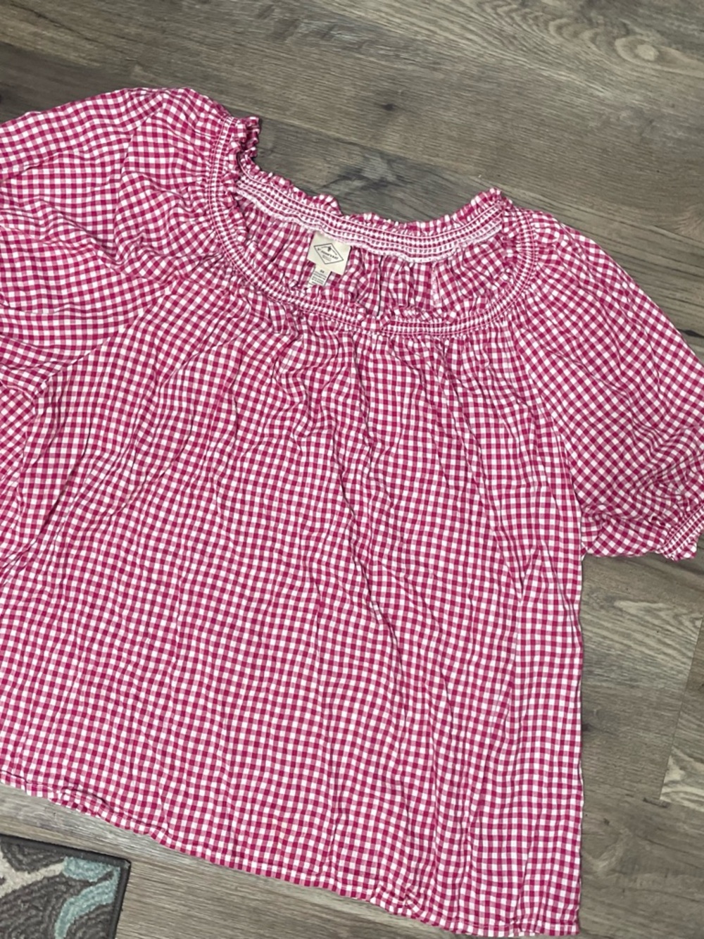 St. John's Bay Pink Gingham Smocked Neck Blouse